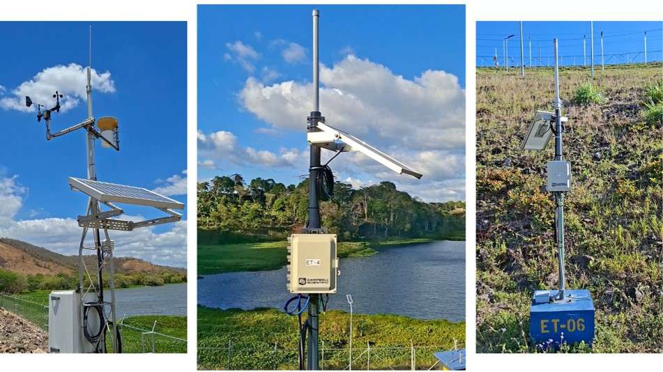 Equipos de monitoreo instalados en presas de generación hidroeléctrica para la evaluación y seguimiento de condiciones ambientales y estructurales.