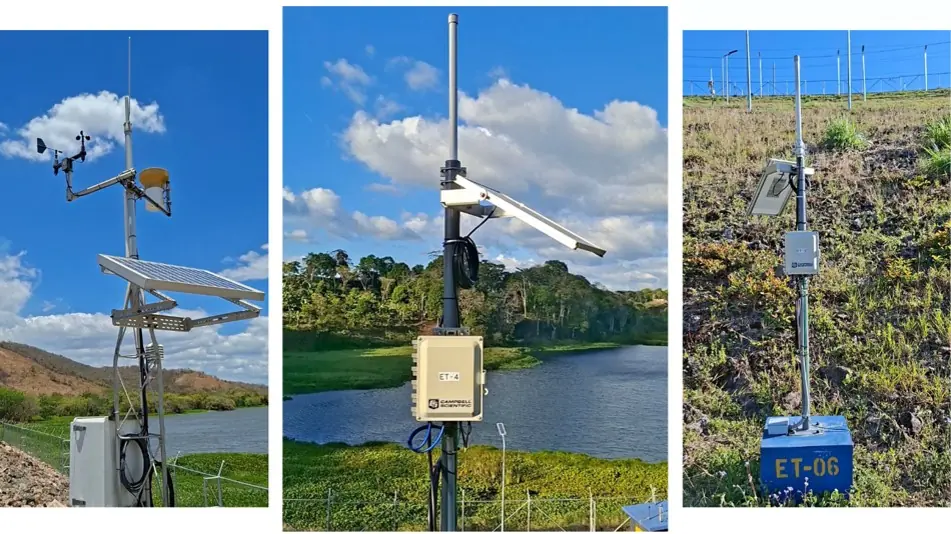 Equipos de monitoreo instalados en presas de generación hidroeléctrica para la evaluación y seguimiento de condiciones ambientales y estructurales.